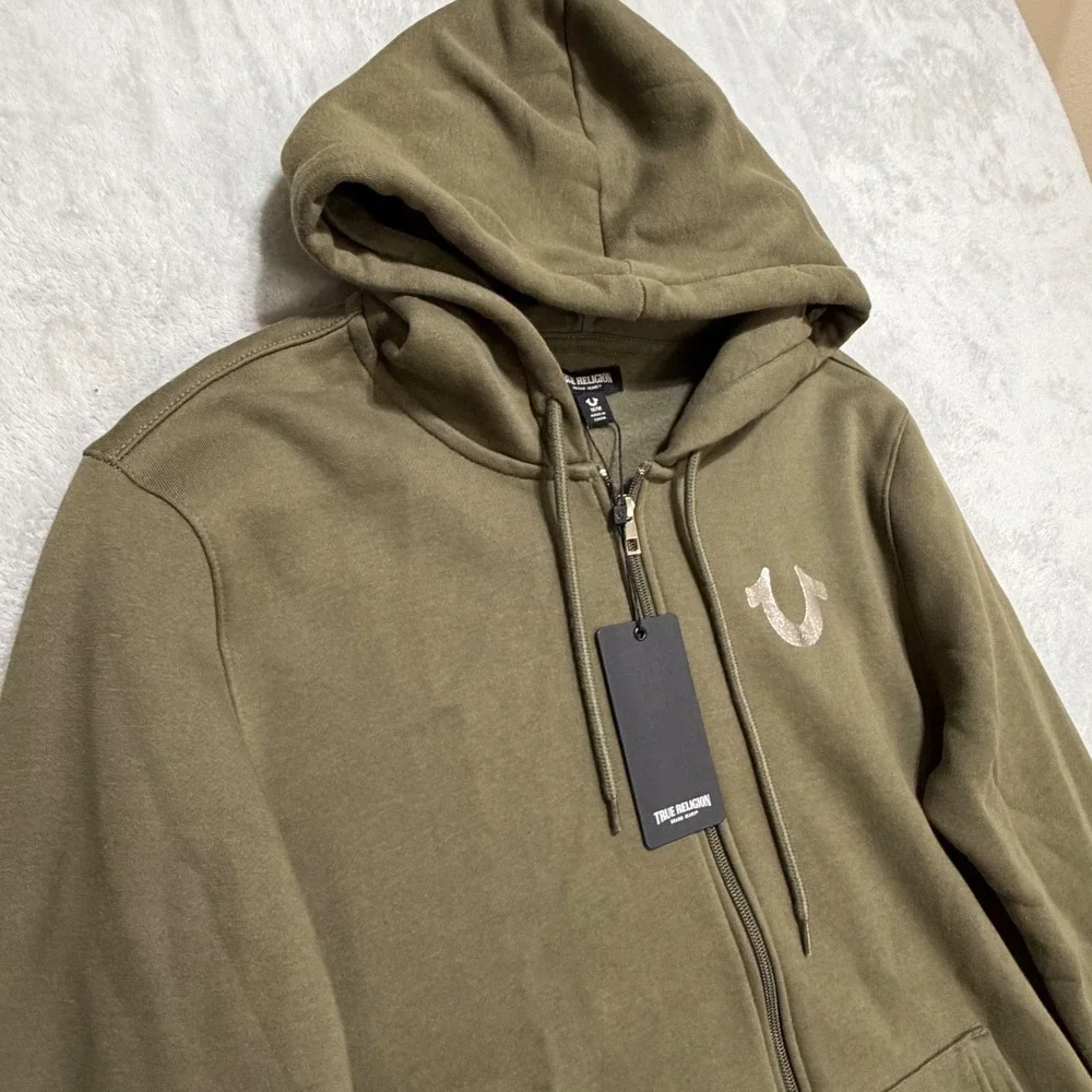 True Religion Big HS Foil Zip Hoodie Mens M Kalamata Olive Green Loungewear